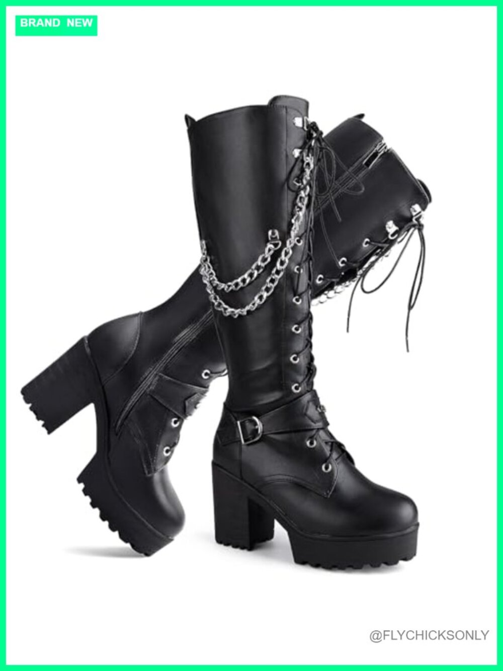 Faux Leather Knee High Lace Up Platform Combat Boots Wide Calf Chain